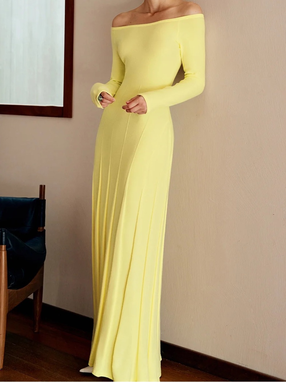 Commense Off-Shoulder Pleated Lemon Yellow Maxi Dress Size M